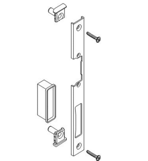 Technical drawing of door hardware components on a white background